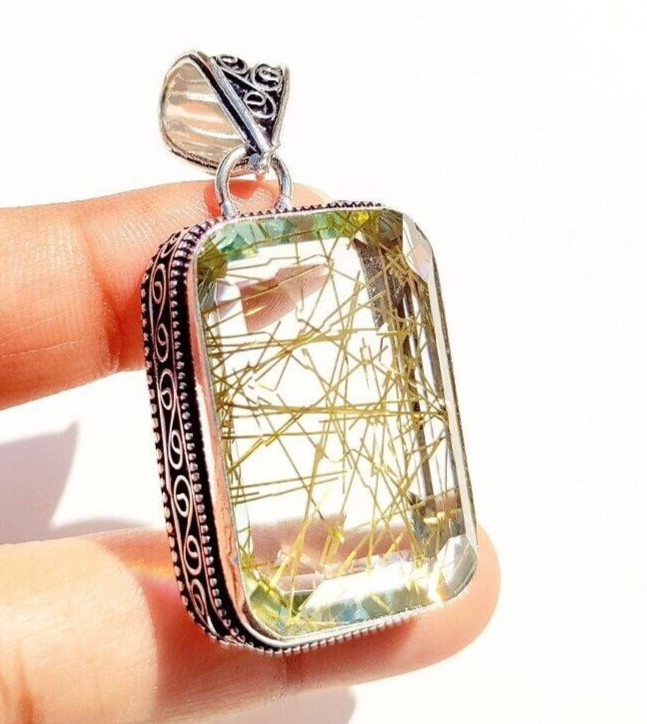 925 Sterling Silver Pendant Handmade Jewelry Golden Rutilated Quartz Gemstone
