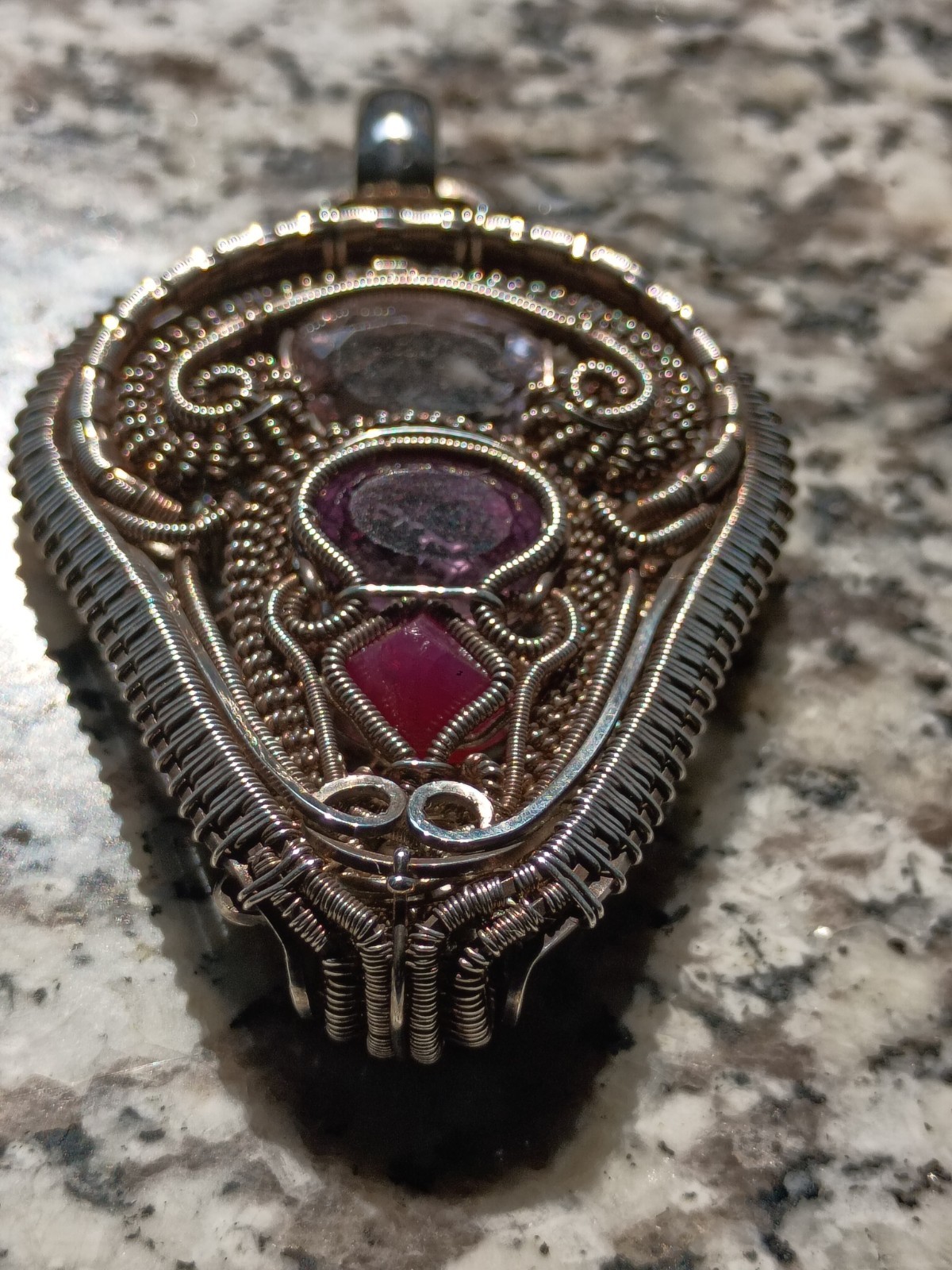 Amethyst Spinel Rose De France “Light Shield” Pendant Statement Wirewrap Art 925