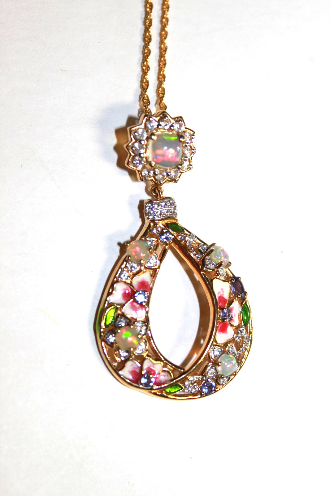 STS CHUCK CLEMENCY ENAMEL FLOWERS AND AMYTHEST AND OPAL STERLING SILVER NECKLACE