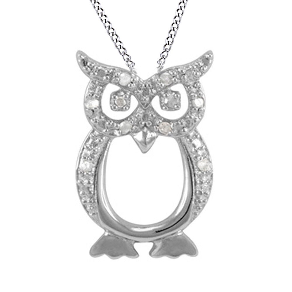 Owl Pendant 1/10 ct April Birthstone Natural Diamond Sterling Silver 18″ Chain