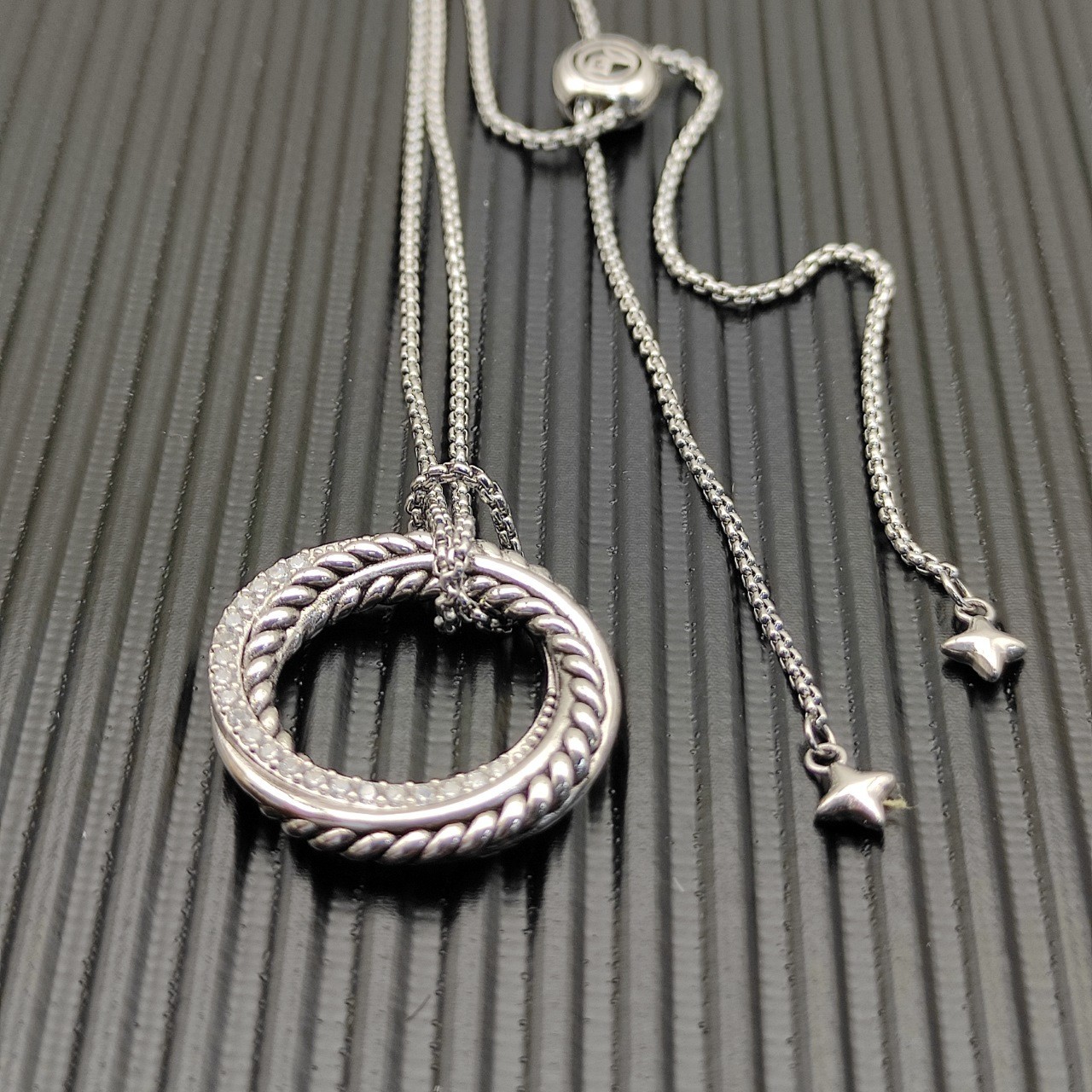 David Yurman Classic Cable Circle Pendant 925 Silver Diamond Slide Necklace 90cm