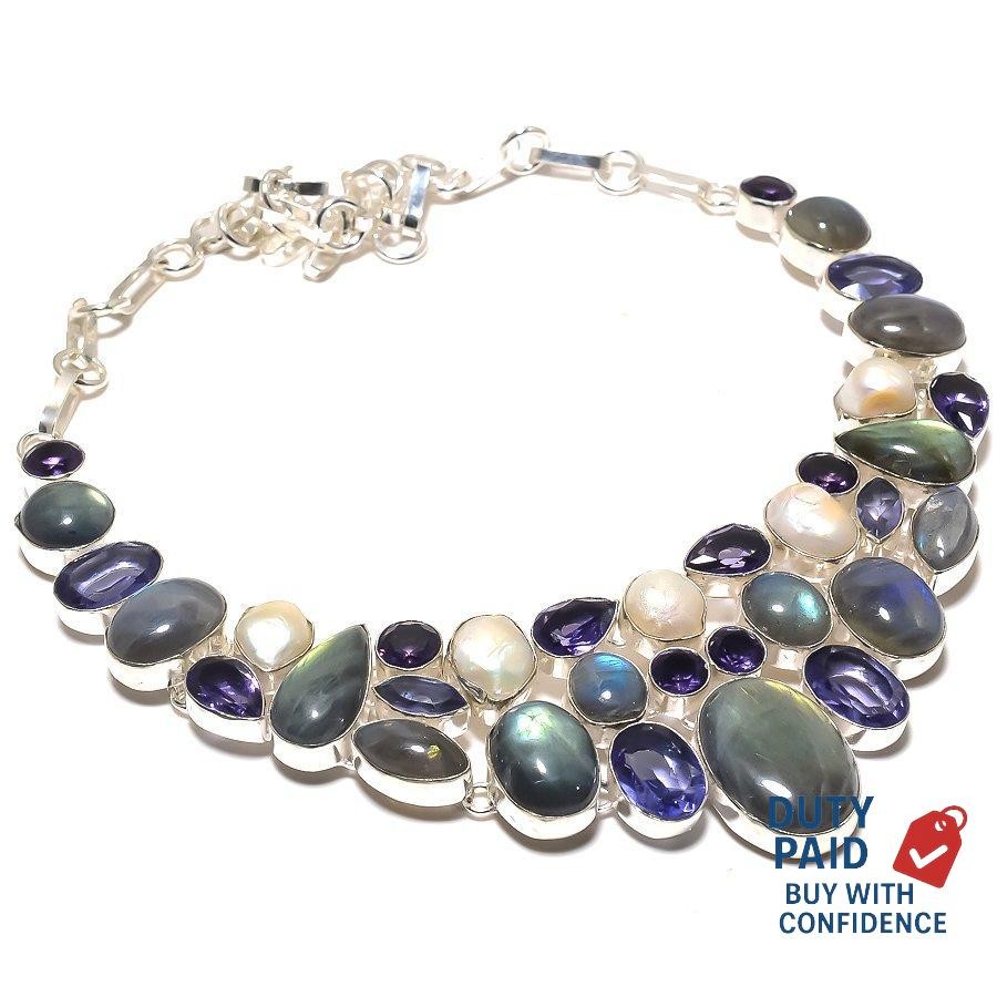 Natural Labradorite Sterling Silver Chain Elegant Channel Set Necklace Jewelry