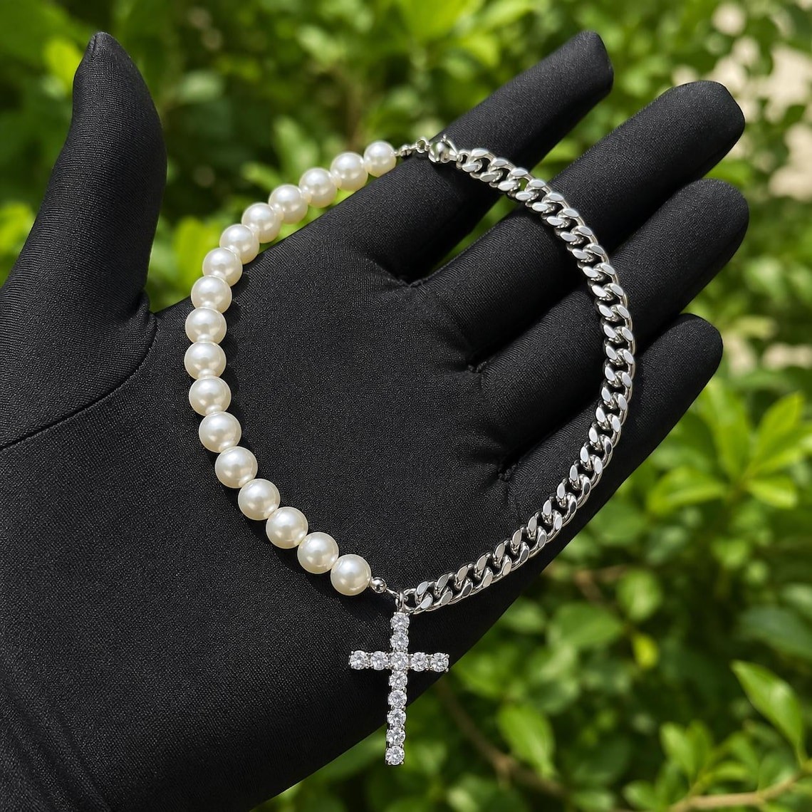 Pearl Cross Necklace for Men Women 925 Sterling Silver Cuban Link Chain Beaded
