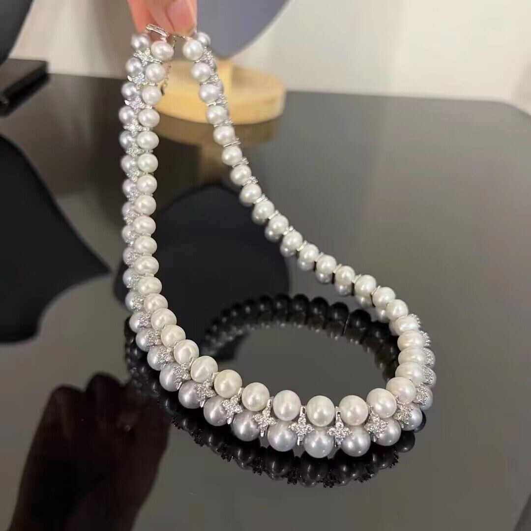 gorgeous two strands 7-8mm 9-10mm south sea white grey pearl necklace17.5inch