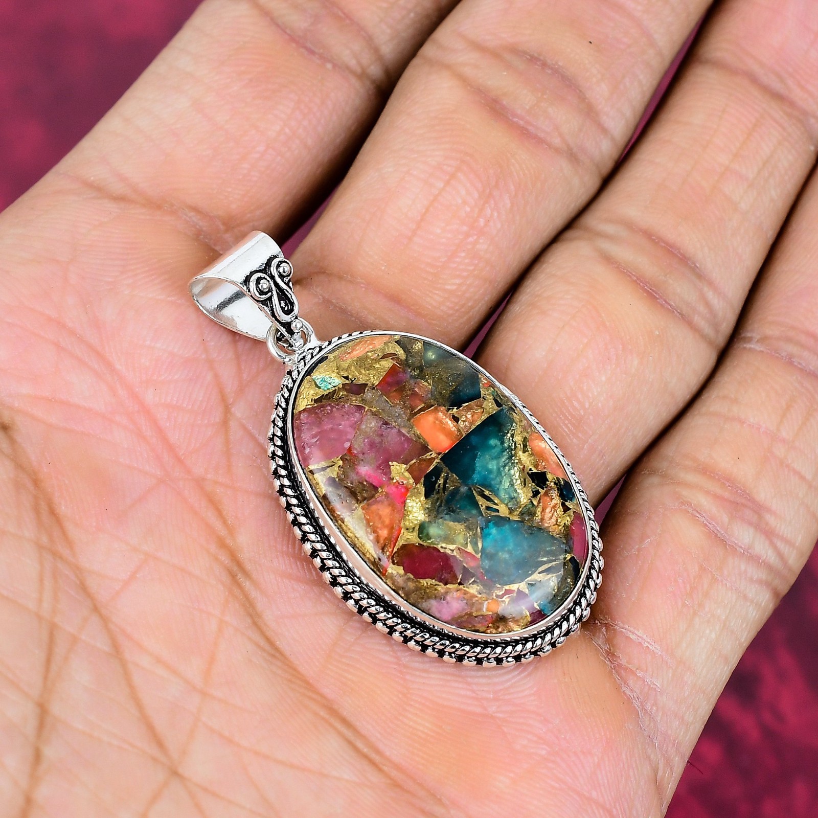Spiny Oyster Gemstone Handmade 925 Solid Silver Jewelry Pendant Gifts For Him
