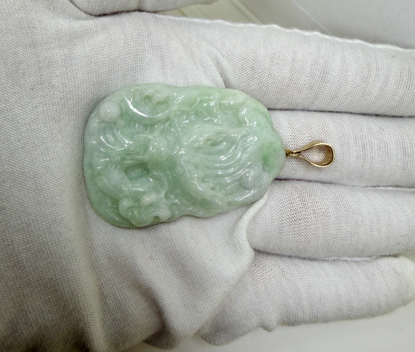 Real 10K Bail Top 100% Natural Green Jade Pendant Dragon Myanmar Jade FREE CHAIN