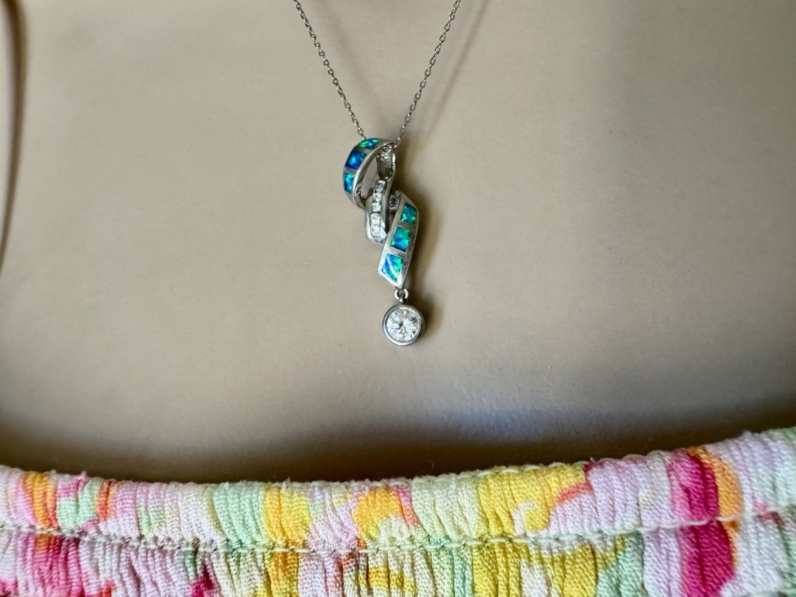 Sterling Silver 925 30mm Twisted Pendant necklace Lab Opals And Clear Stones 18”