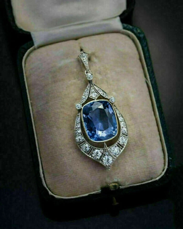 3.47 Ct Blue Sapphire & Round Diamond Pendant Solid 14K White Gold Over