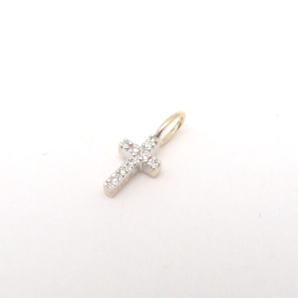 14K SOLID YELLOW GOLD TINY NATURAL DIAMOND CROSS DAINTY PENDANT NECKLACE MINI