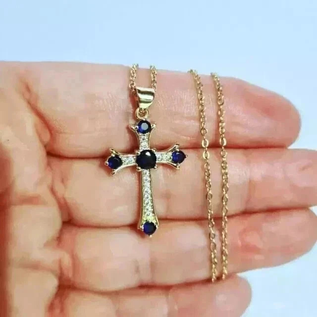 2Ct Round Cut Lab-Created Sapphire Women Cross Pendant 14k Yellow Gold Plated