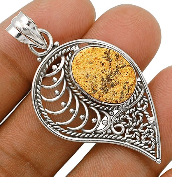 Natural Psilomelane Dendrite German 925 Sterling Silver Filigree Pendant
