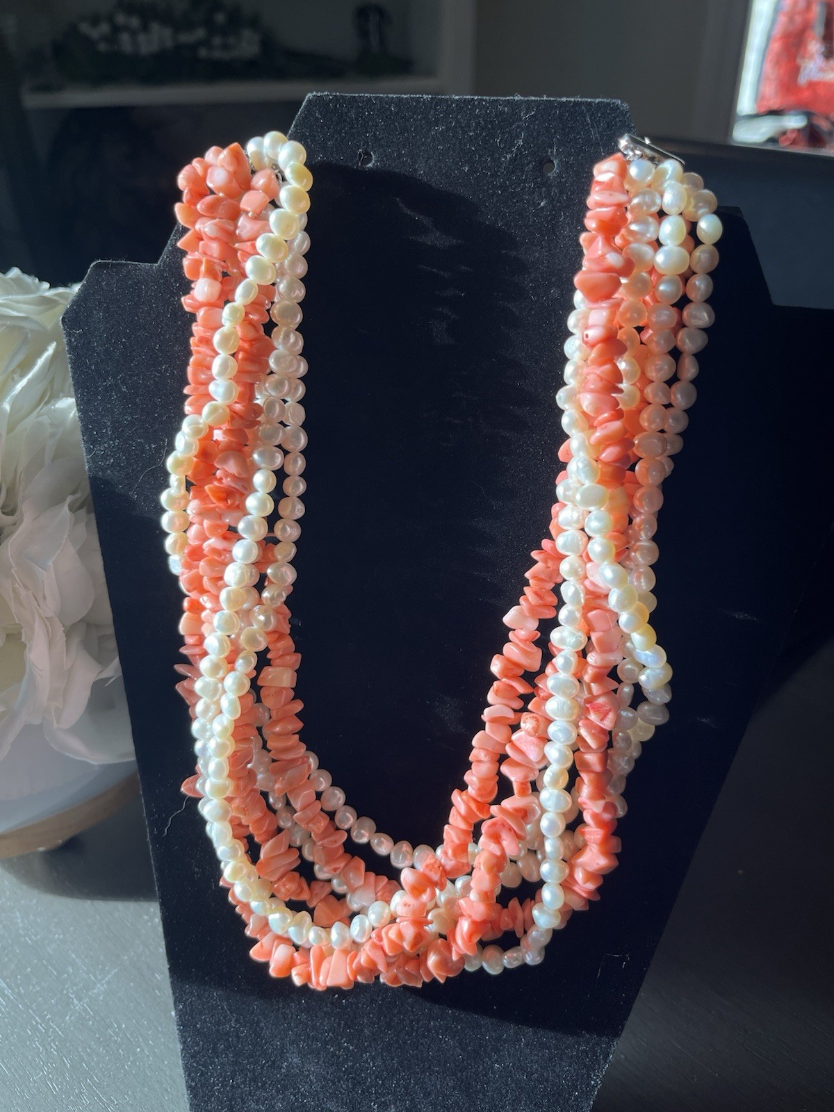 Ross Simon Pearl Polished Coral Necklace Sterling Silver 925 Layered Strands Vtg
