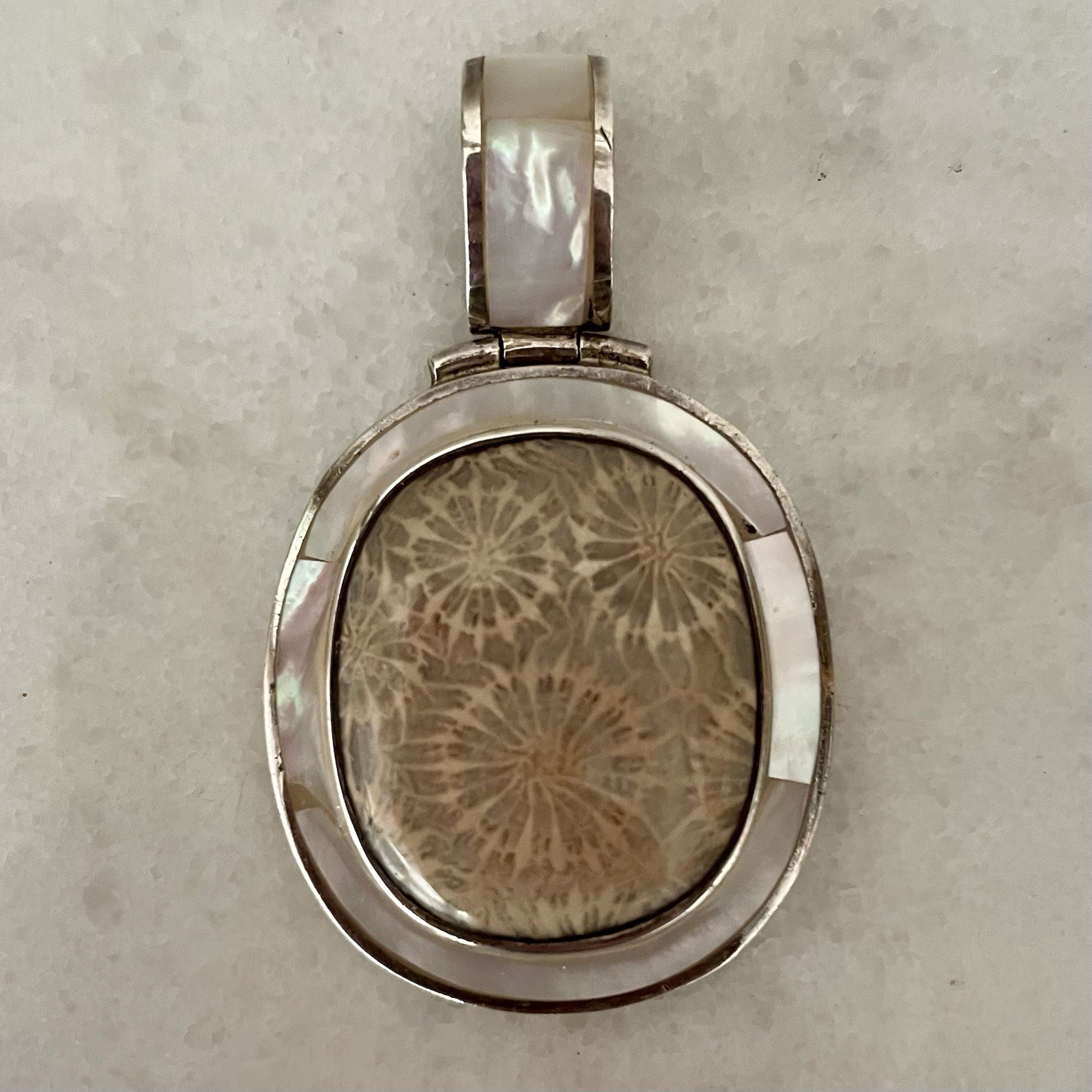 Starborn Sterling Silver 925 Fossilized Coral & Inlay Mother Of Pearl Pendant