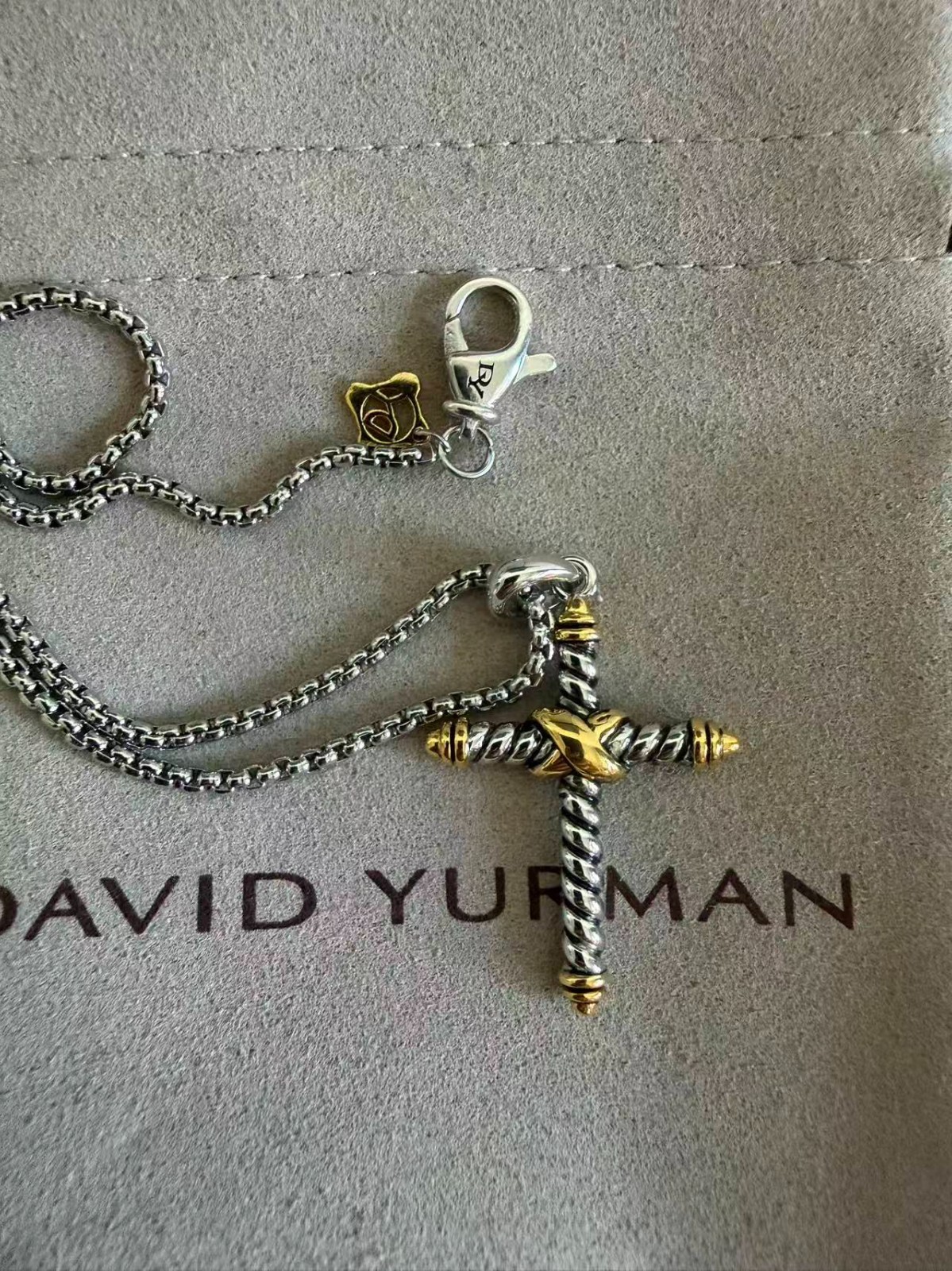 David Yurman 2mm Cable Cross Pendant Sterling Silver with 14K Yellow Gold 19.5″