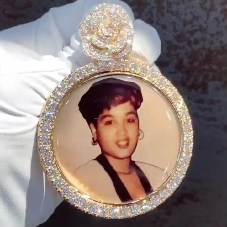 2Ct Real Moissanite Memorial Photo Circle Custom Pendant 14K White Gold Plated
