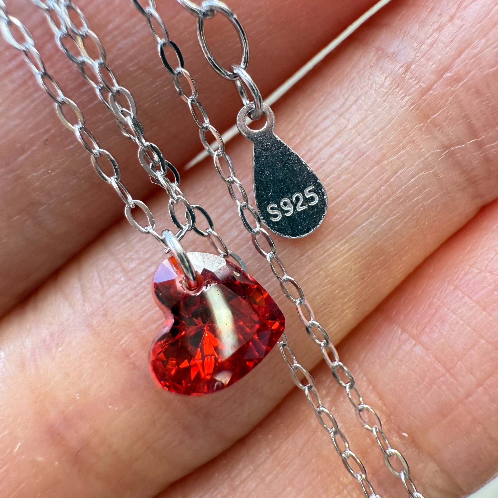 925 Sterling Silver Necklace 6mm Heart Red Natural Zircon Gemstone Chain Gift