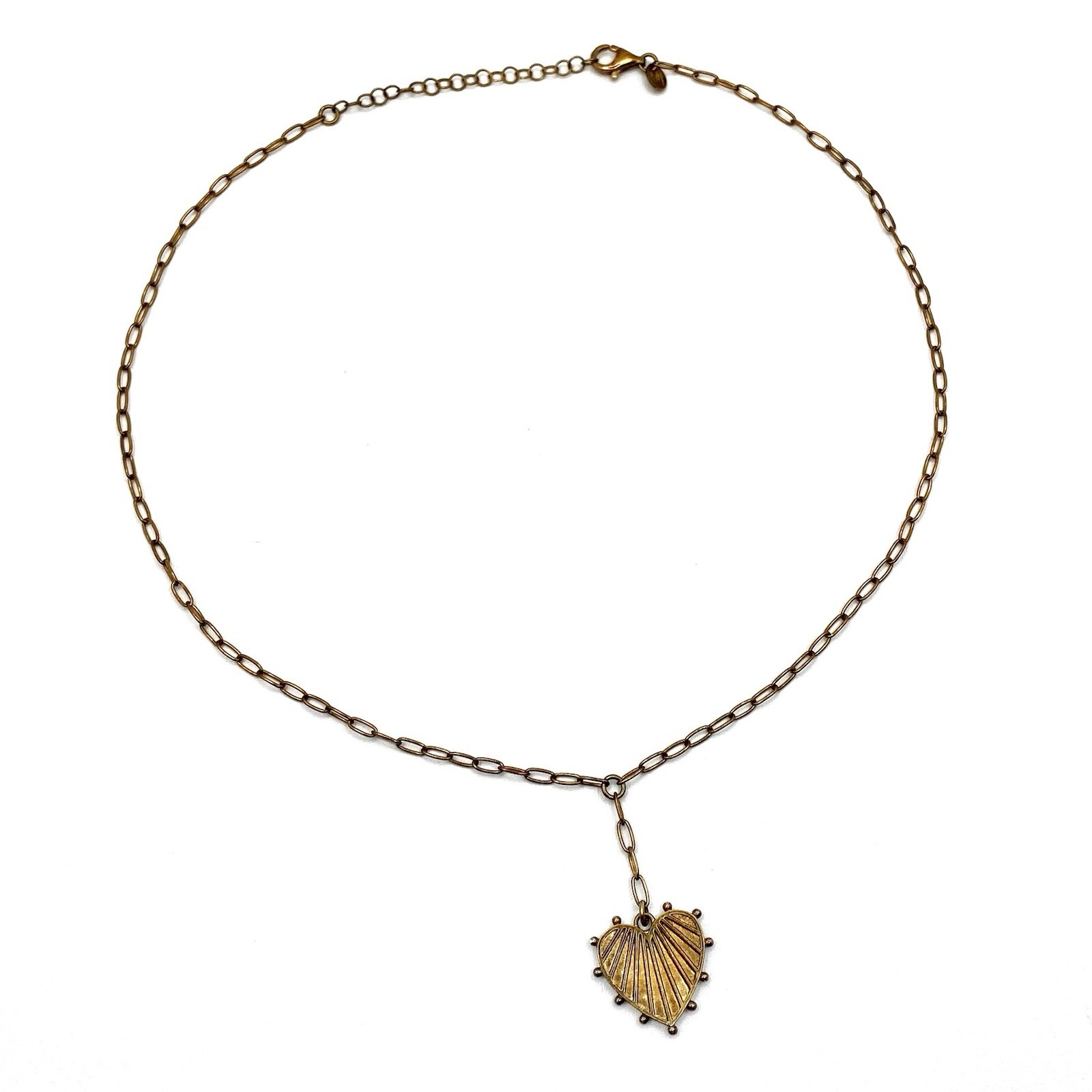 Sterling Silver 925 Spiked Fluted Heart Lariat Pendant Necklace Bronze Tone Goth