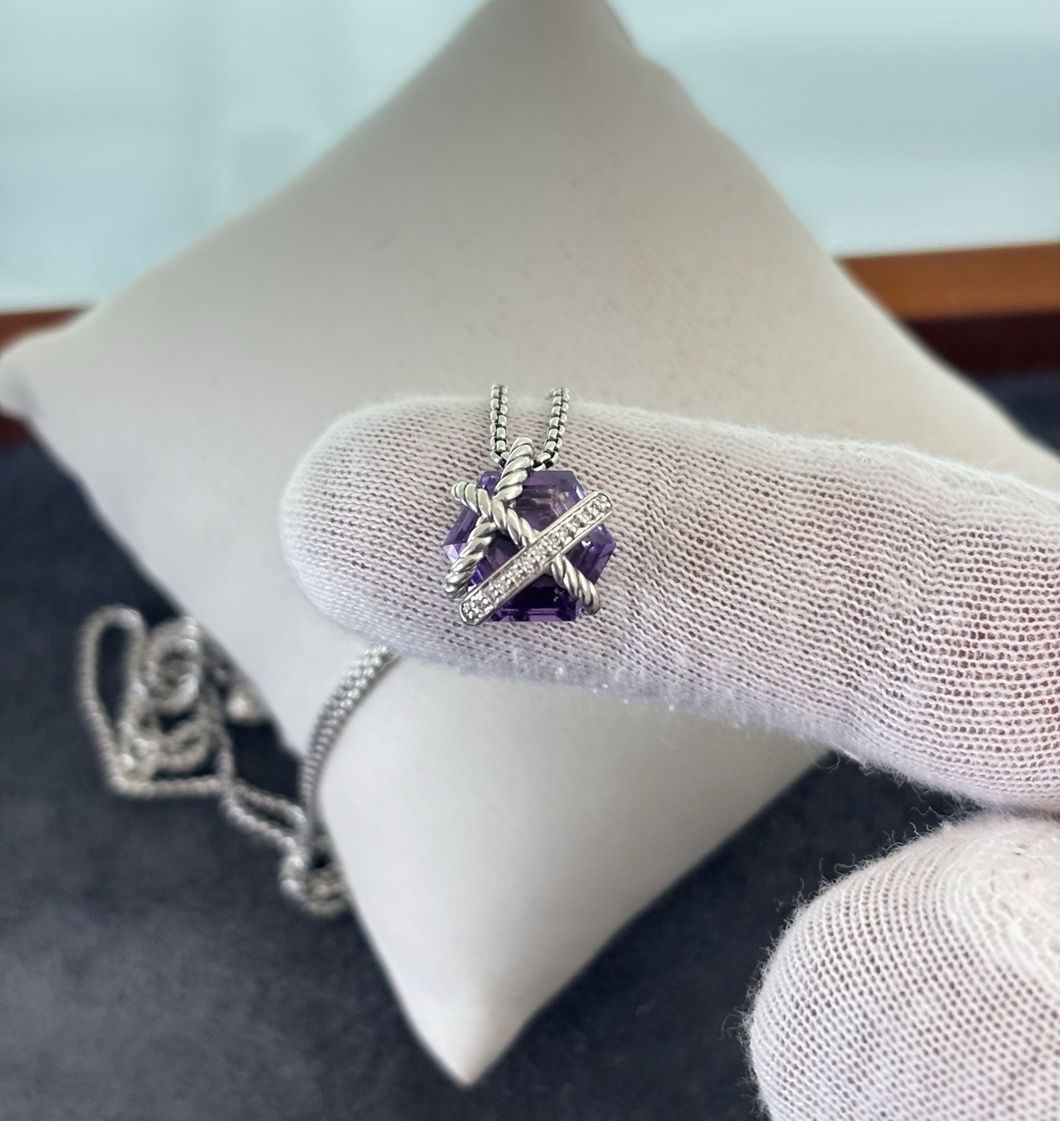David Yurman Cable Wrap Pendant Necklace with Amethyst 16-17″