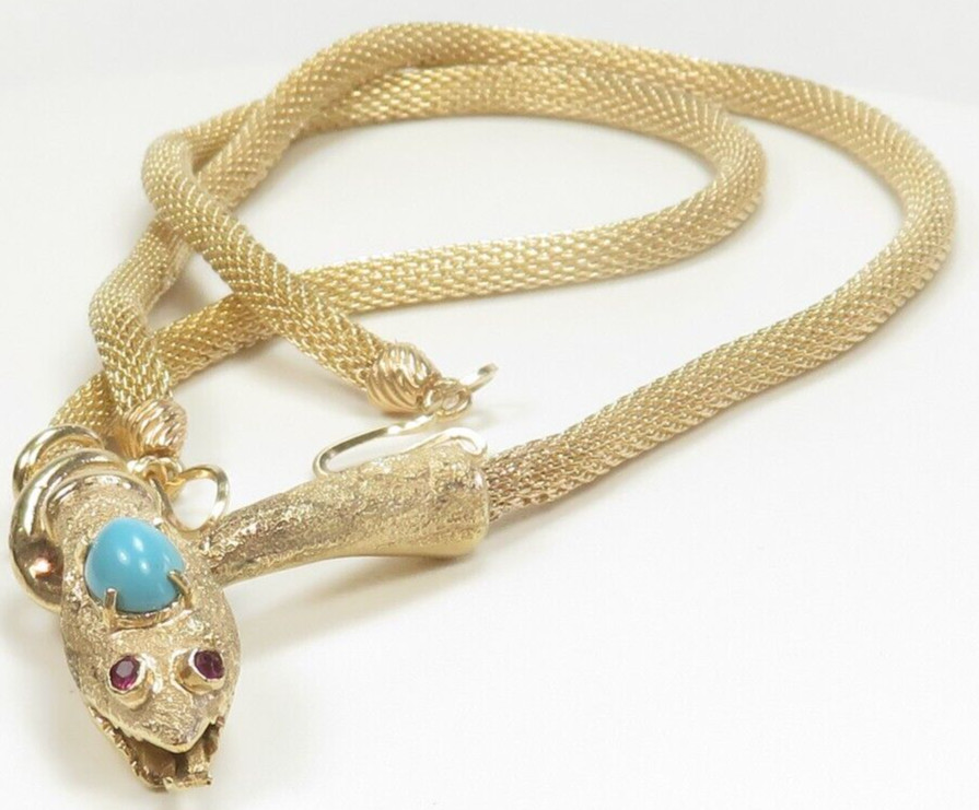 Antique Art Deco 1920’s Turquoise Snake Necklace 13K Yellow Gold 21″ 35.6 Grams