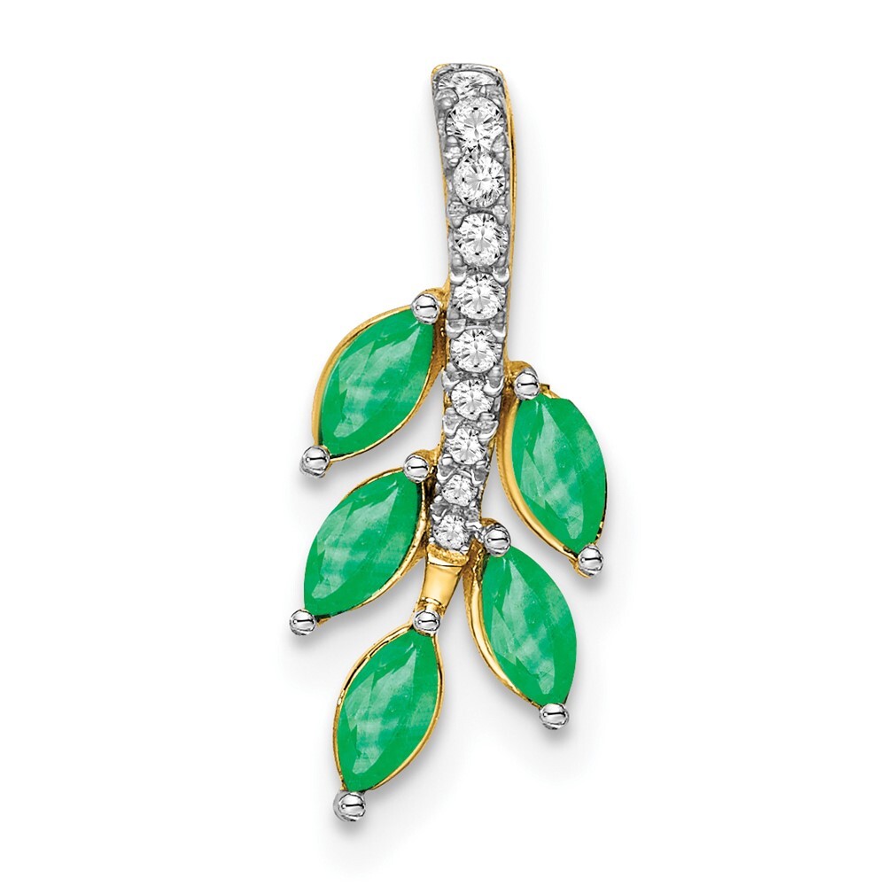 14k Yellow Gold 0.32 Ct Emerald and Diamond Leaf Chain Slide Pendant 0.57g