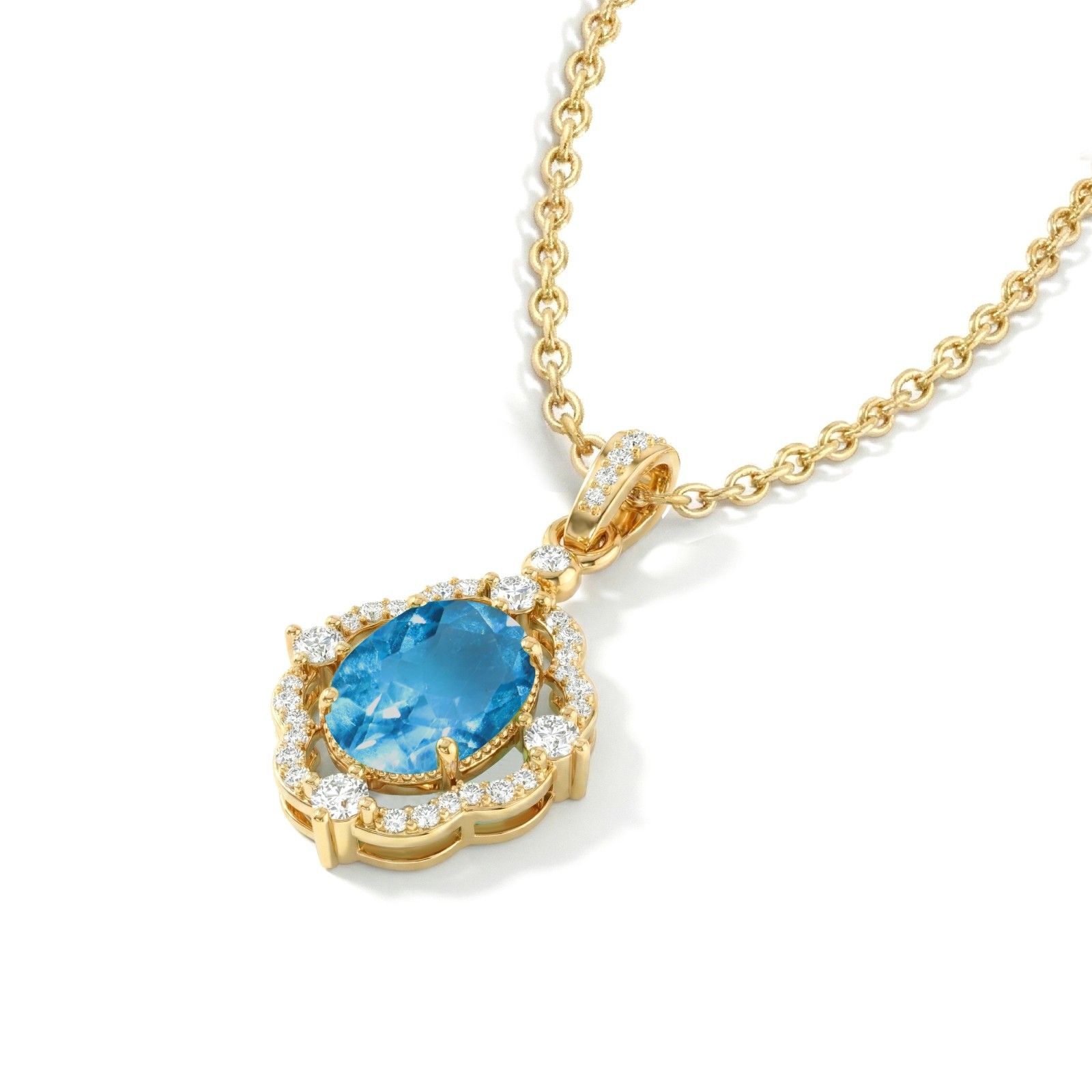 Blue Topaz Necklace, Blue Topaz Halo Pendant with Diamonds, Gift For Her