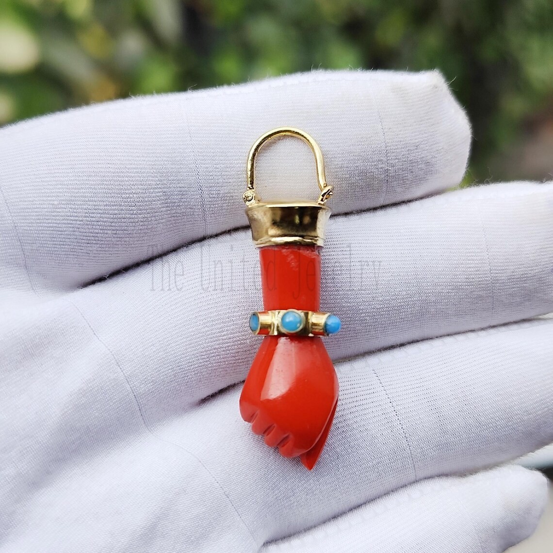 Handmade Carved Coral & Turquoise Figa Hand Lucky Charm Pendant 925 Silver