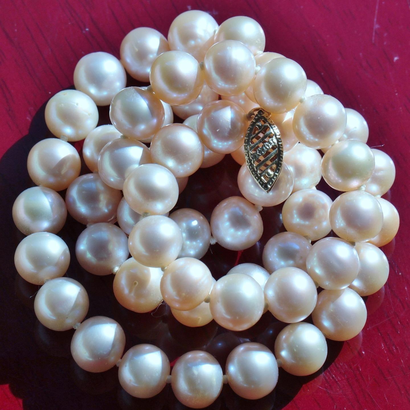 14k 585 yellow gold necklace 7.5-8mm pink cultured pearl 17.5″ strand 35.4gr