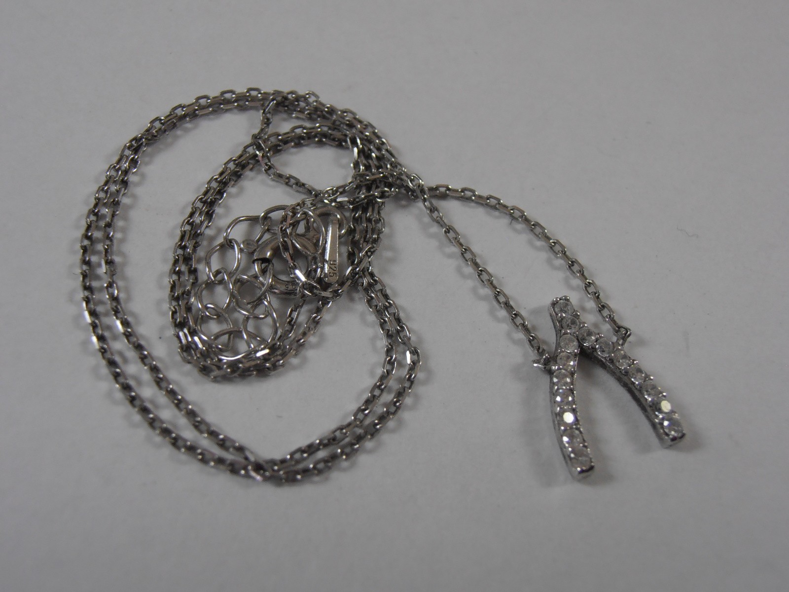 Sterling Silver Fine Choker Wishbone Pendant Necklace Clear Rhinestones 16”