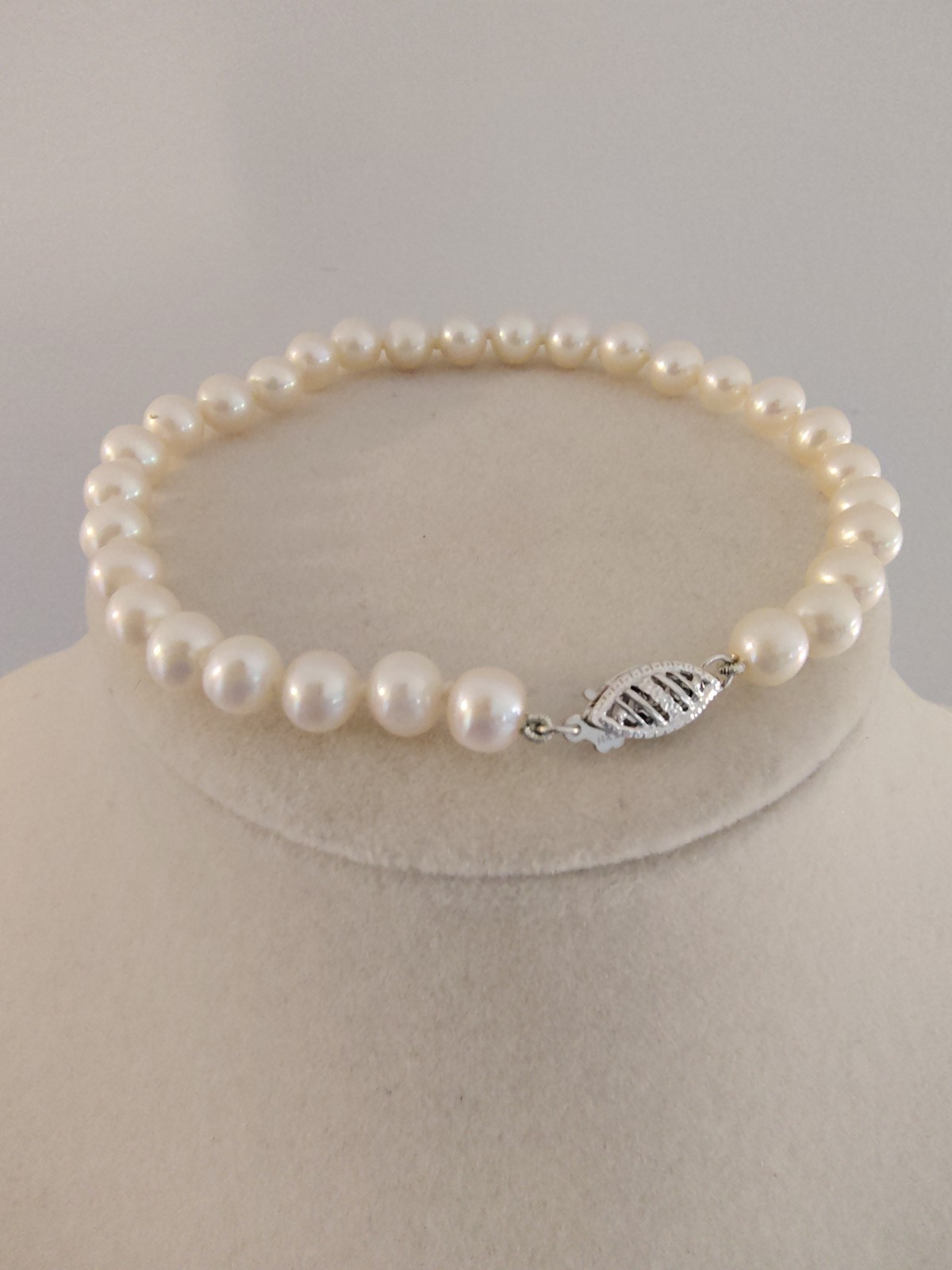 Vintage 14K White Gold Cultured Pearl Strand Bracelet 7″ Hand Knotted Filigree