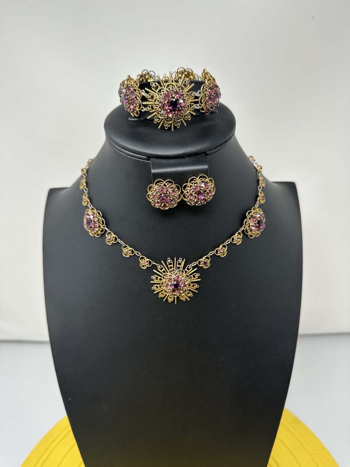 Sterling Silver Amethyst Floral Choker Necklace Bracelet Earrings Set 60g 16” 6”