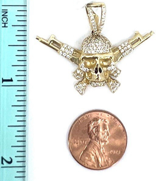 14K Solid Yellow Gold Skull Crossed Rifles Pendant CZ Pave Outlaw Guns