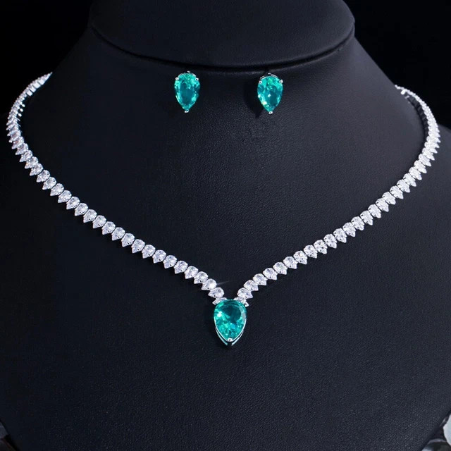 22Ct Pear Cut Lab-Created Diamond Drop Necklace & Earring 14K White Gold Plated