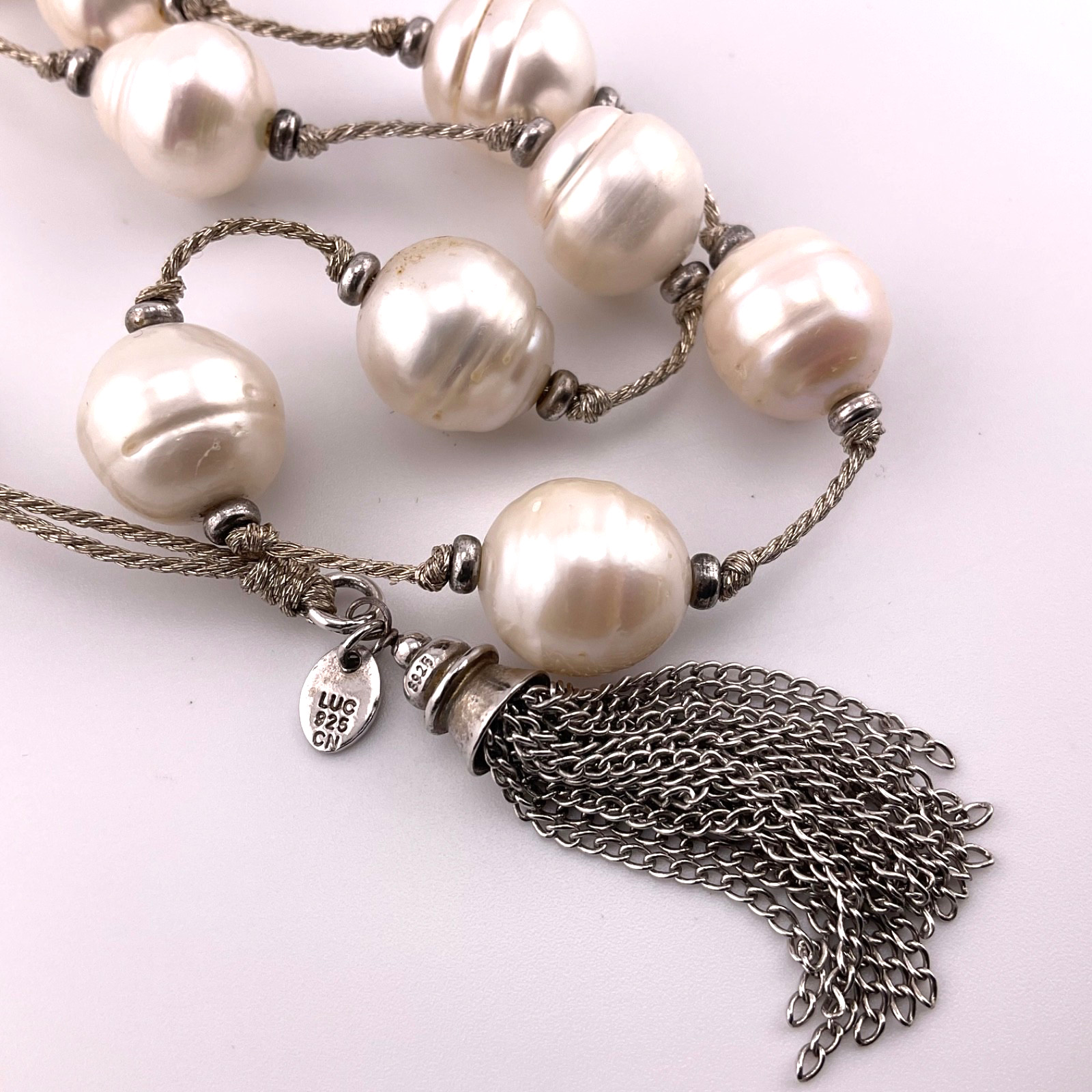 LUC Lucas Lameth Genuine Baroque Pearl Lariat Necklace Sterling Silver Tassel