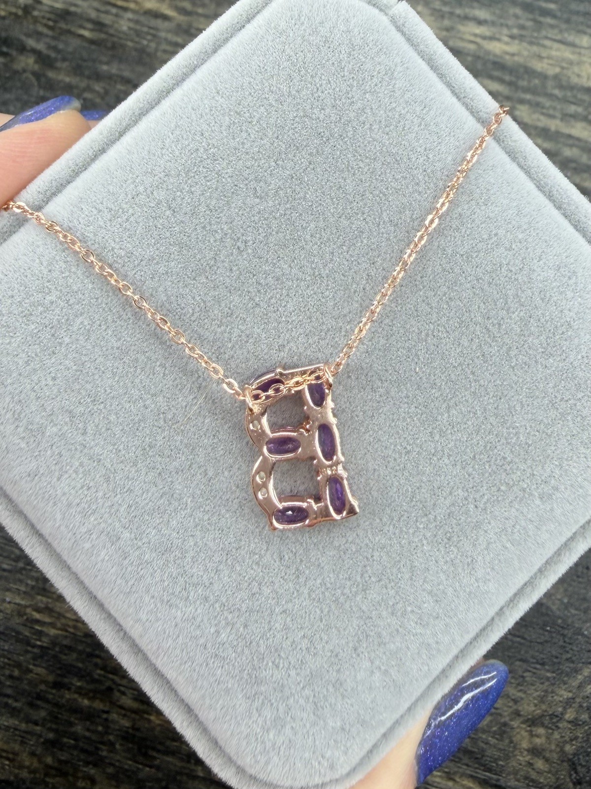 Stunning Natural Purple Amethyst Initial B 18K Rose Gold Pendant/Necklace 20 in