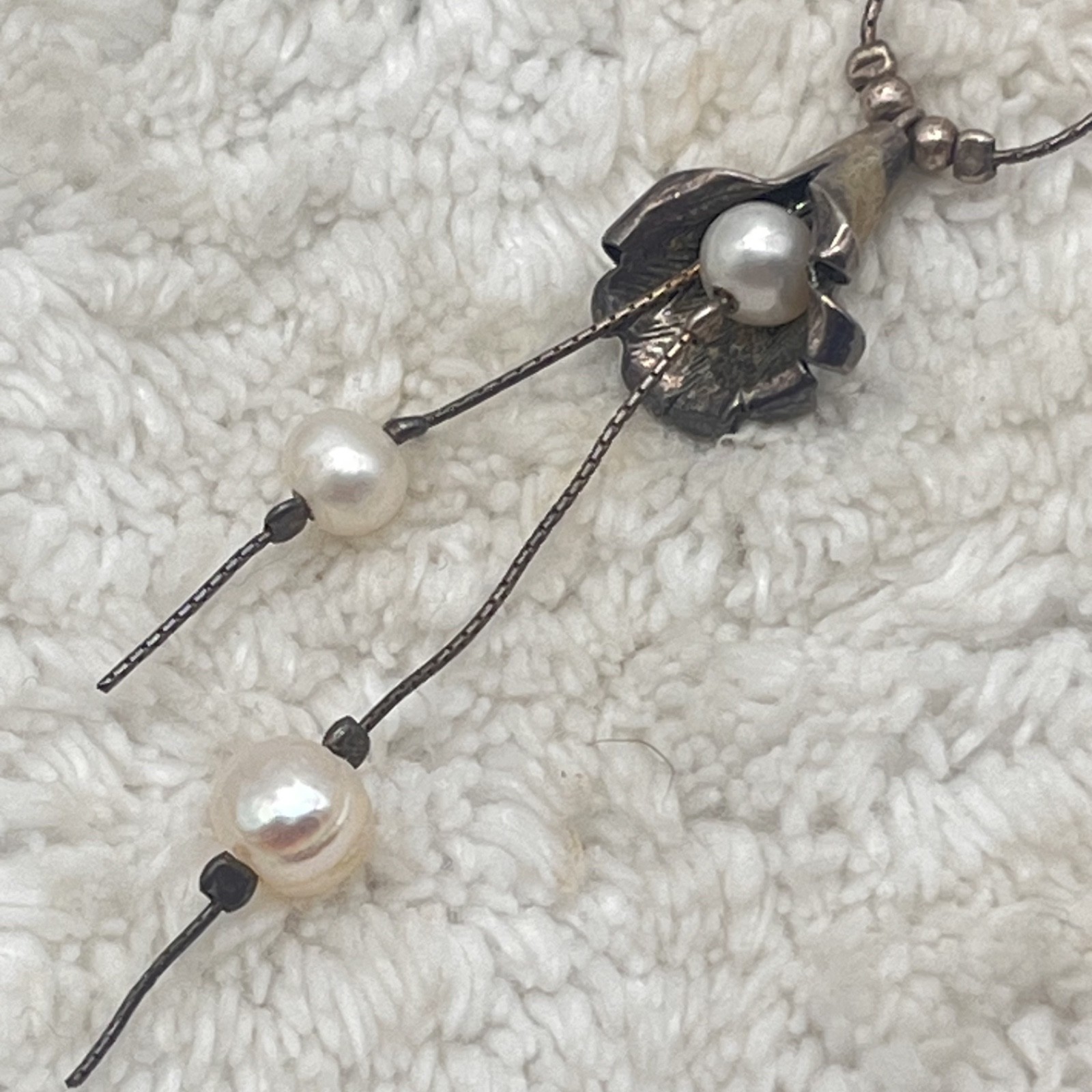 Sterling Silver Flower Necklace Freshwater Pearl Faux Lariat 16″