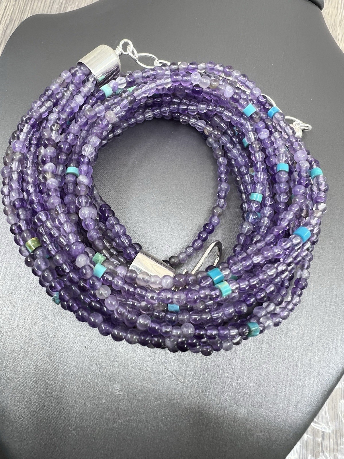 8 Strand Amethyst & Turquoise Necklace .925 18-1/4-21″ NIB