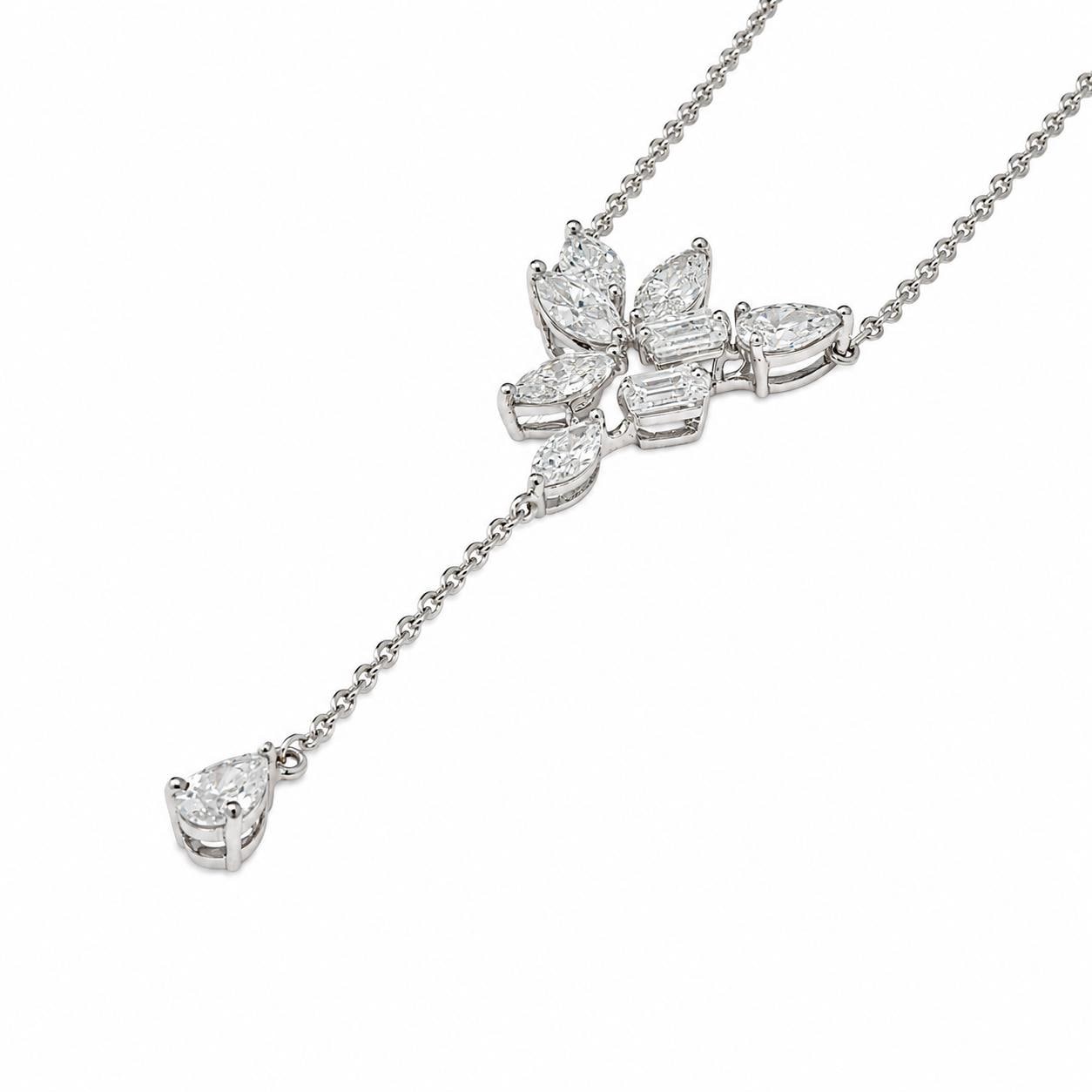 0.16 ct Natural Baguette Y Necklace 14K Gold 14K Solid Gold Floral Cluster