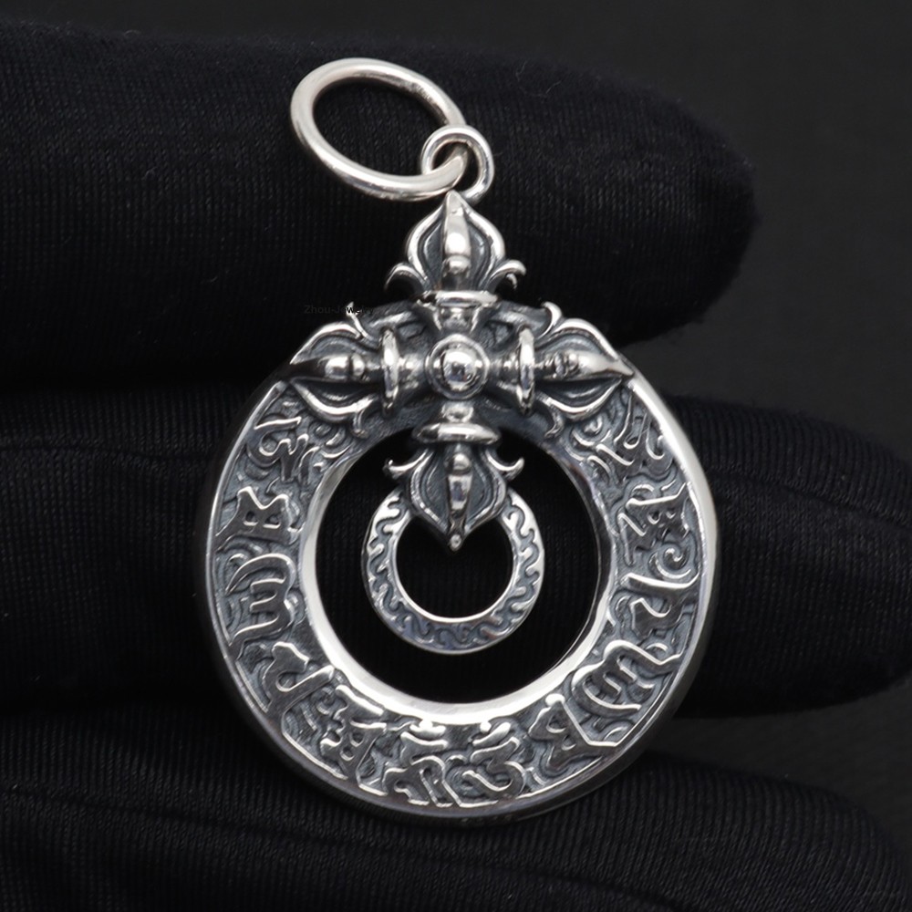 NEW Pure 999 Fine Silver Pendant Vintage Style Buddhist Sutra Circle Pendant