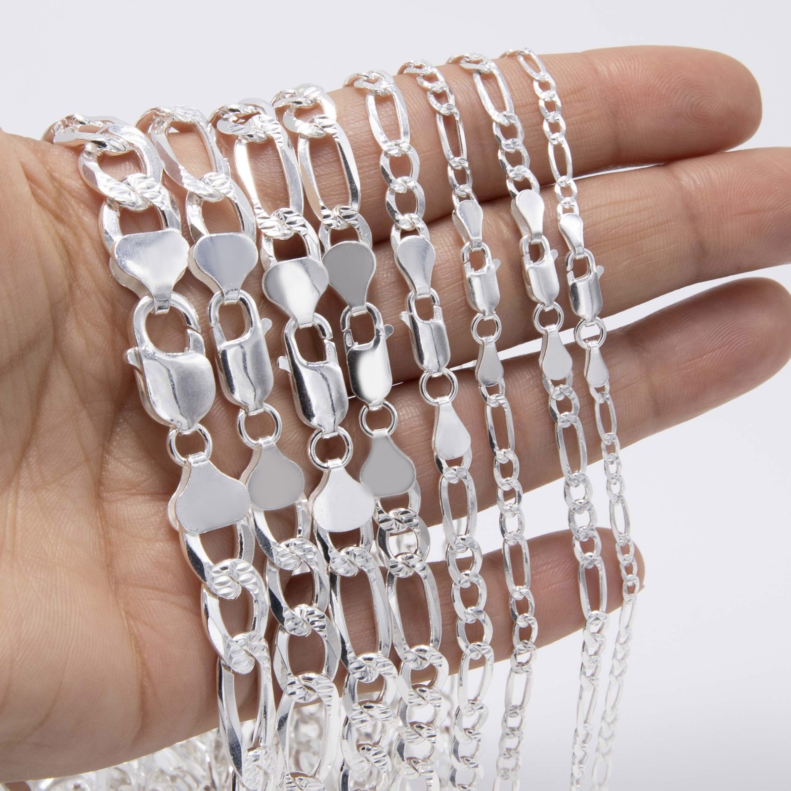 Diamond-Cut Reversible Figaro Chain Solid Sterling Silver 925 Italy All Sizes