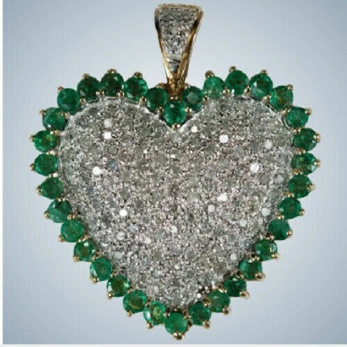 3.00 CT Round Cut Lab Created Green Emerald Heart Pendant 14k Yellow Gold Plated