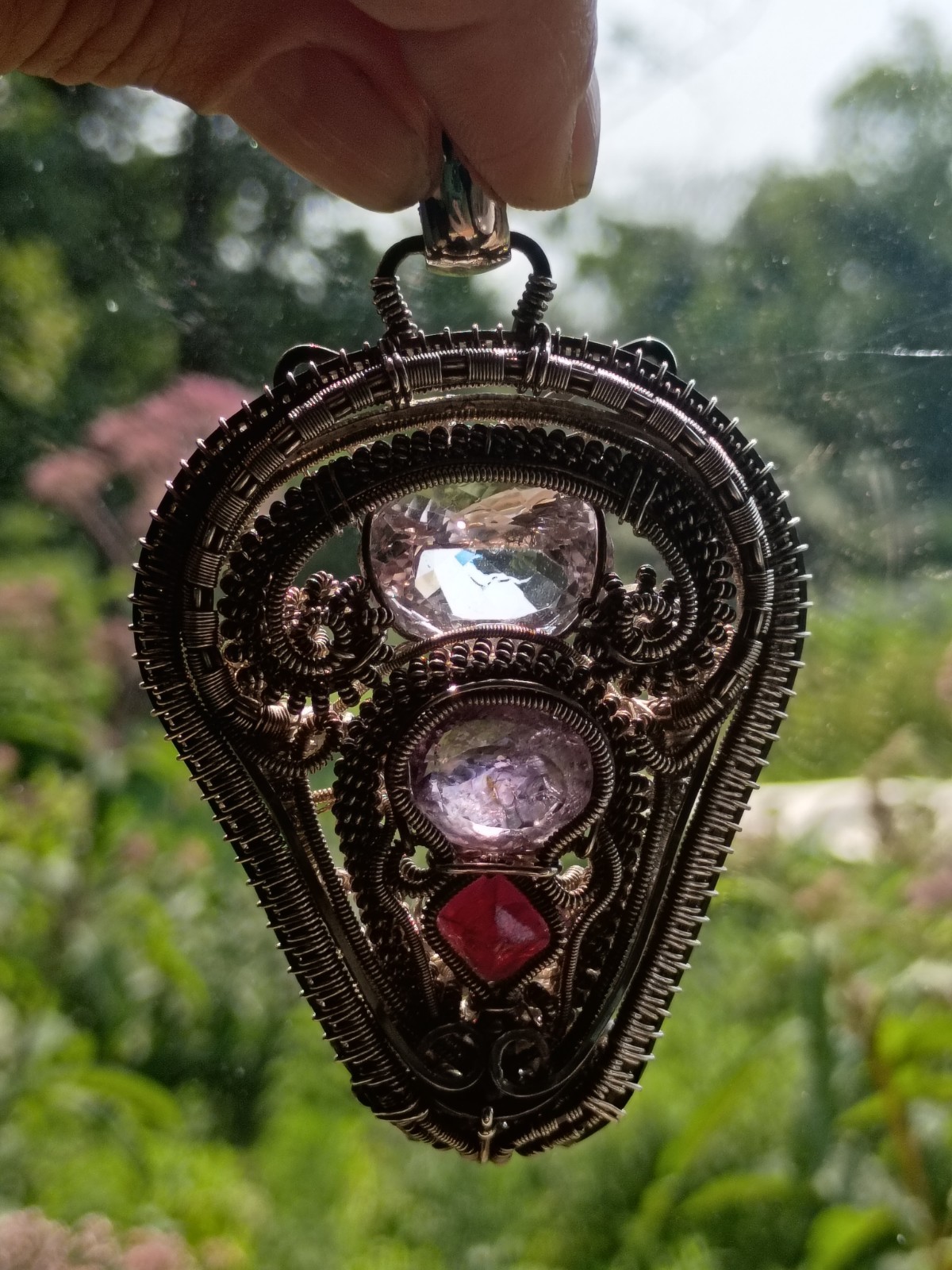 Amethyst Spinel Rose De France “Light Shield” Pendant Statement Wirewrap Art 925