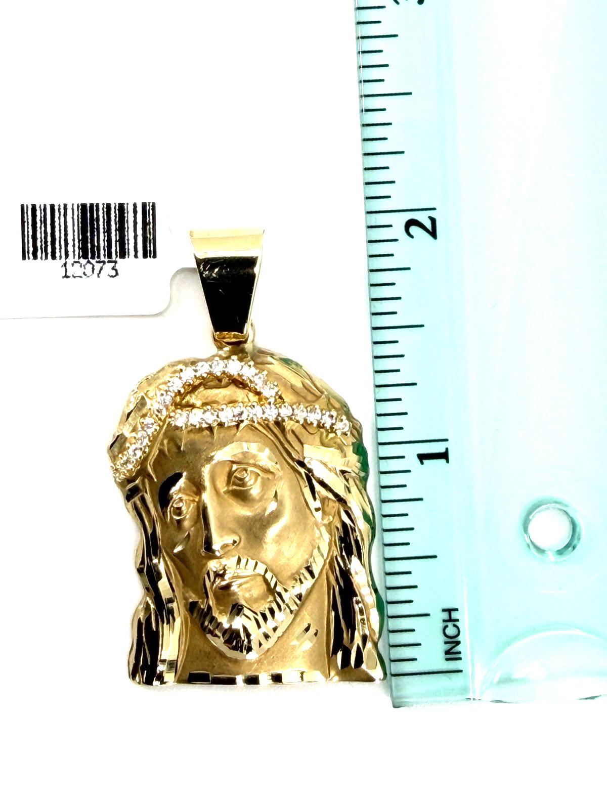 14K Solid Yellow Gold Jesus Face Piece Crown of Thorns CZ Pendant Italy