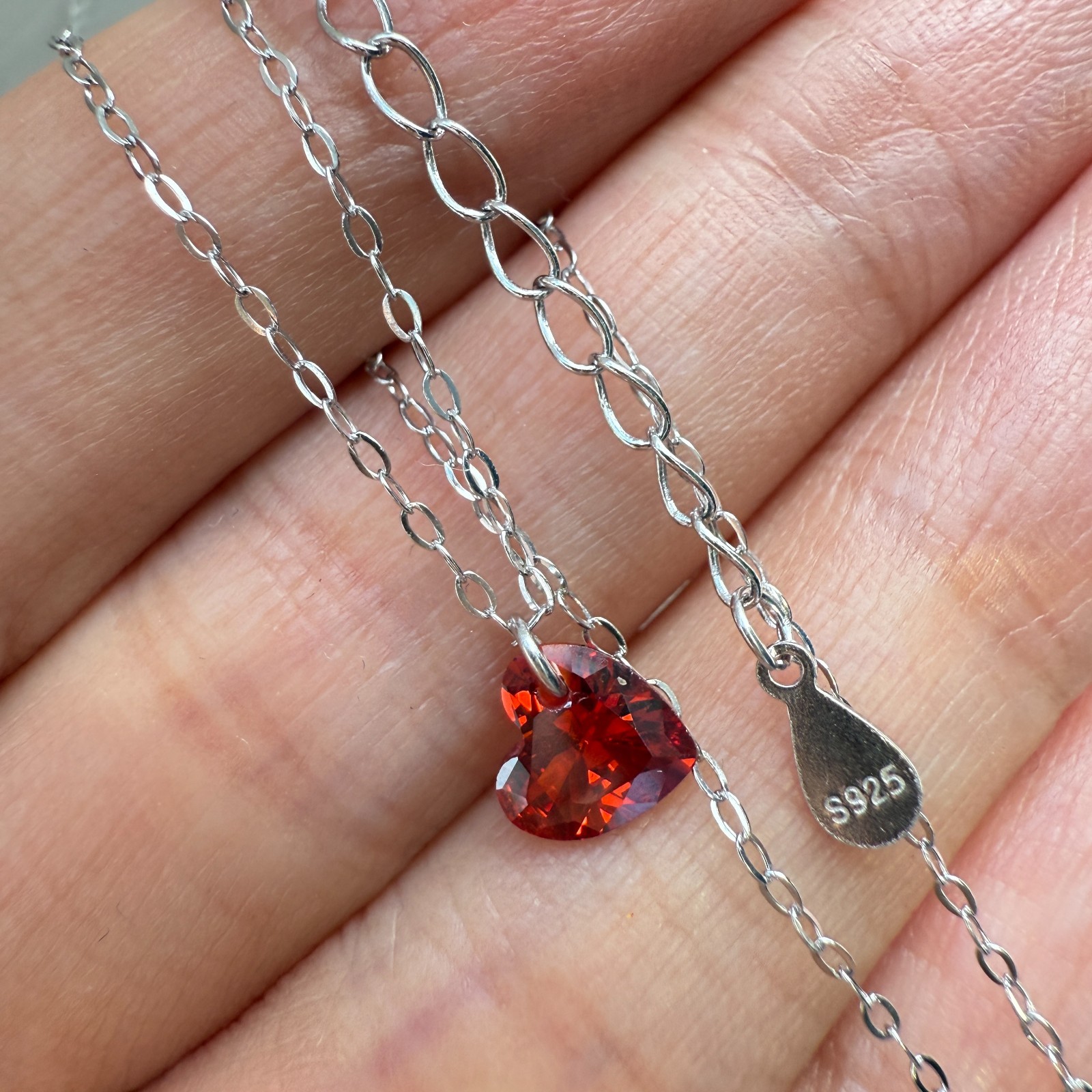 925 Sterling Silver Necklace 6mm Heart Red Natural Zircon Gemstone Chain Gift