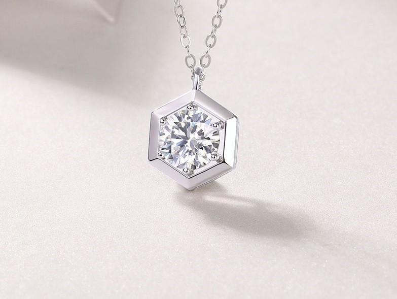 Round Shape Moissanite Hexagon Minimalist Trendy Solitaire Pendant Gift For Her