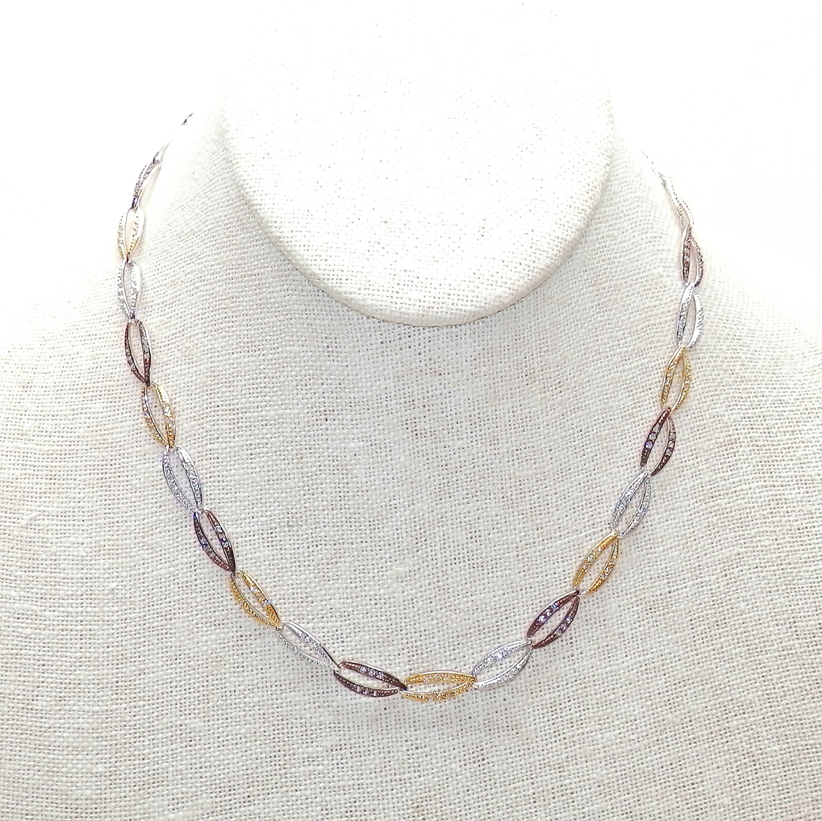 925 Sterling Silver Tri Color Gold Vermeil Oval Link Tennis Crystal Necklace
