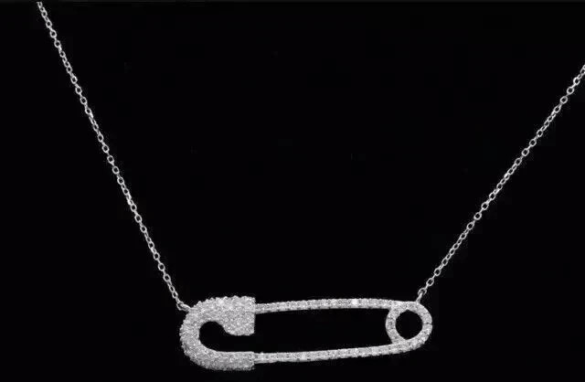 Lab Created Diamond Round 1Ct Women’s Safety Pin Necklace 14K White Gold Plated