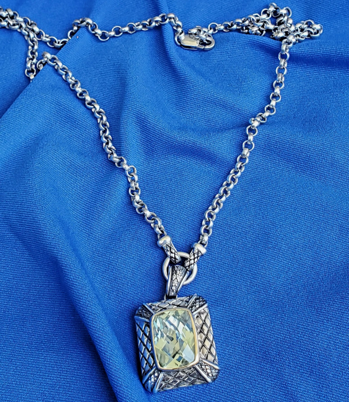 ORIGINAL Vahan Prasiolite 925 STERLING SILVER 14K GOLD DIAMOND Necklace 18″ INCH