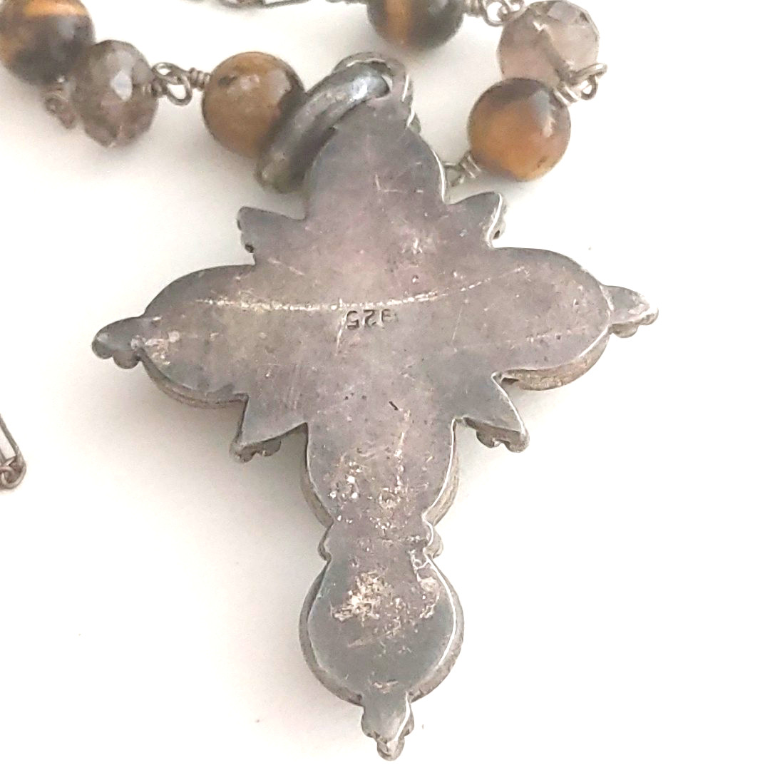 Sterling Silver Tiger’s Eye CROSS Pendant Necklace Rosary Style Chain Signed 32”