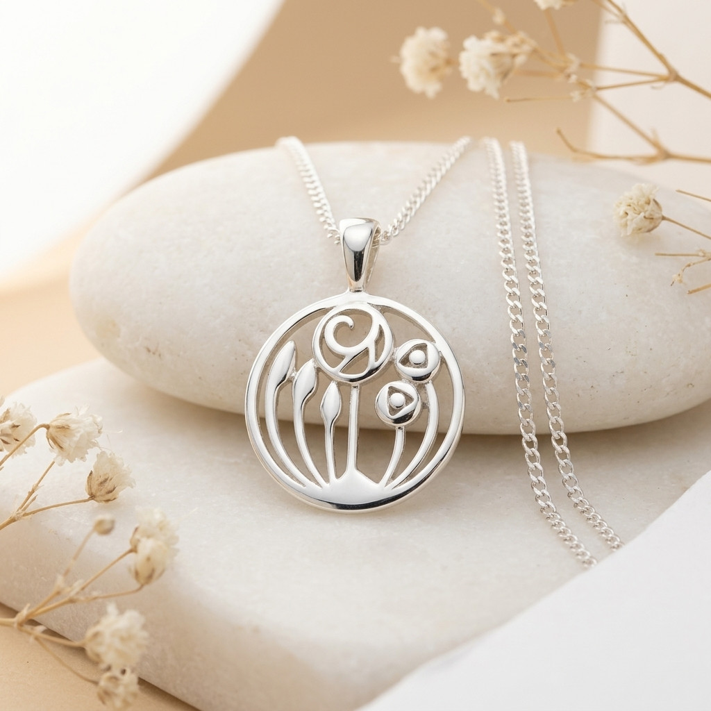 Sterling Silver Charles Rennie Mackintosh Pendant Necklace with 18″ Silver Chain