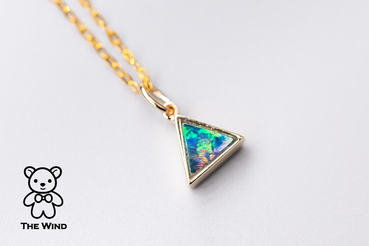 Minimalist Triangle Australian Doublet Opal Pendant Necklace 14K Yellow Gold